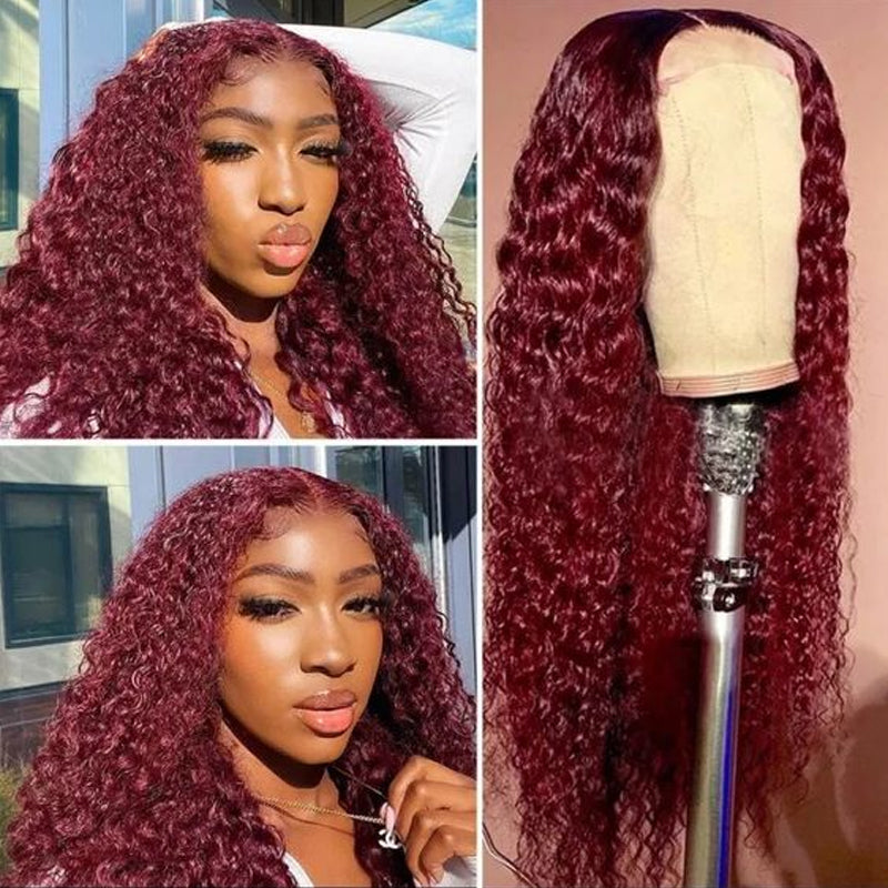 Klaiyi Natural Density Lace Closure Wig 99J Jerry Curl Red Burgundy Human Hair T Part Wigs