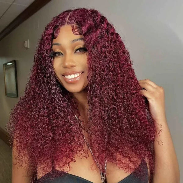 20"-24" Long Length | Klaiyi Jerry Curl Red Burgundy 99J  Pre-cut Lace Closure Wigs Flash Sale