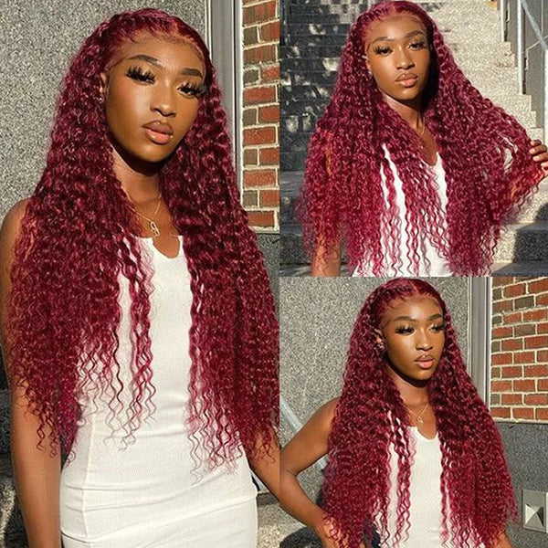 Klaiyi Natural Density Lace Closure Wig 99J Jerry Curl Red Burgundy Human Hair T Part Wigs