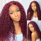 Klaiyi Natural Density Lace Closure Wig 99J Jerry Curl Red Burgundy Human Hair T Part Wigs