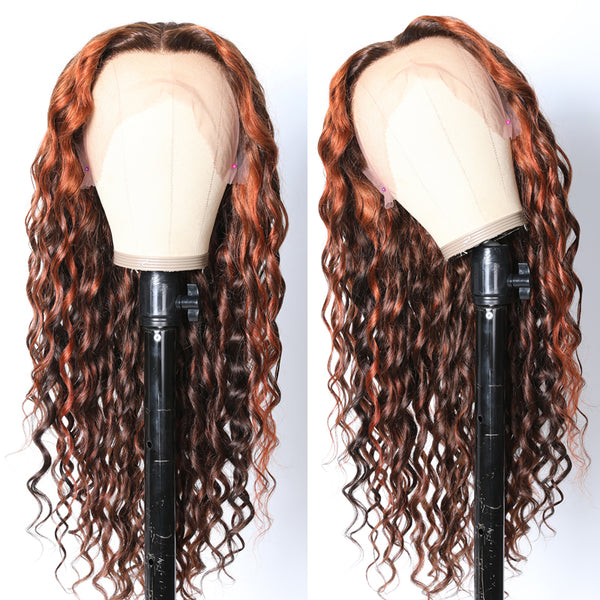 Klaiyi New Fashion Spiral Curl Lace Front Wig Human Hair Mix Brown Ginger and Copper Red Color