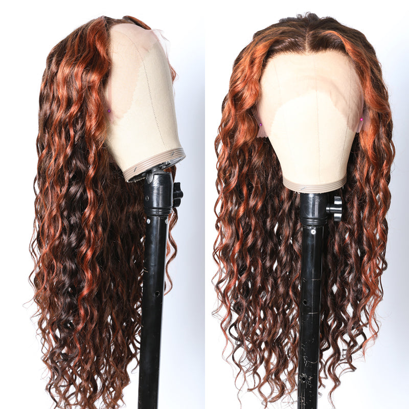 Klaiyi New Fashion Spiral Curl Lace Front Wig Human Hair Mix Brown Ginger and Copper Red Color