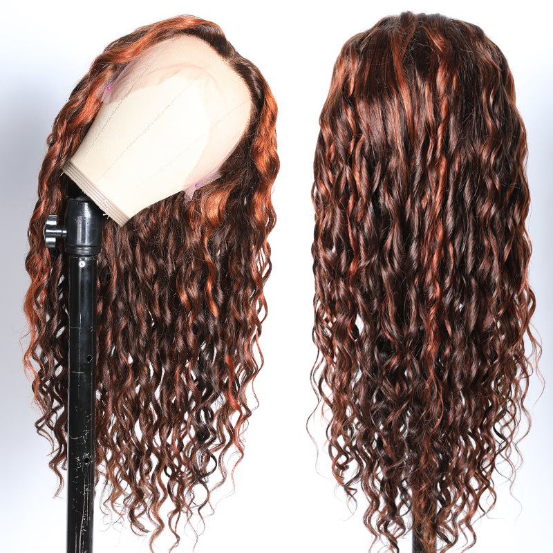 Klaiyi New Fashion Spiral Curl Lace Front Wig Human Hair Mix Brown Ginger and Copper Red Color