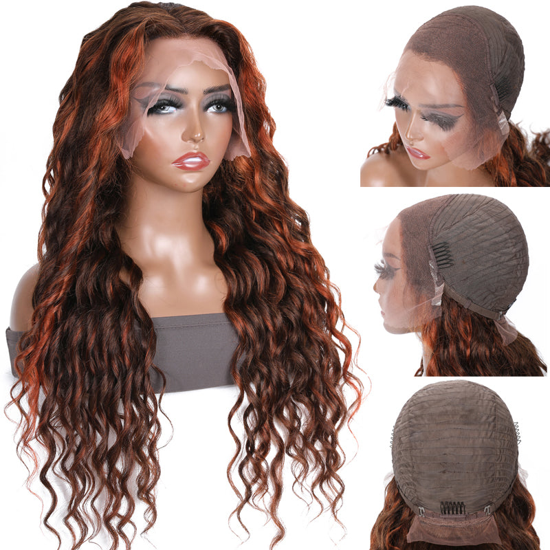 Klaiyi New Fashion Spiral Curl Lace Front Wig Human Hair Mix Brown Ginger and Copper Red Color