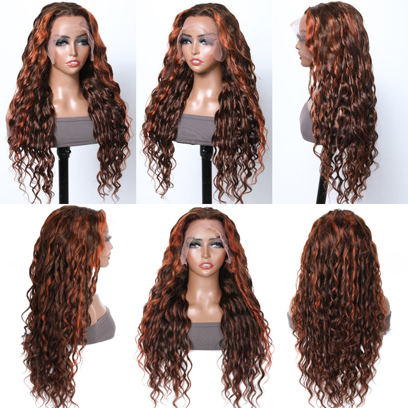 Klaiyi New Fashion Spiral Curl Lace Front Wig Human Hair Mix Brown Ginger and Copper Red Color