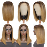 Klaiyi Omber Golden Blonde Color 13x4 Lace Frontal Wig Short Bob with Brown Root