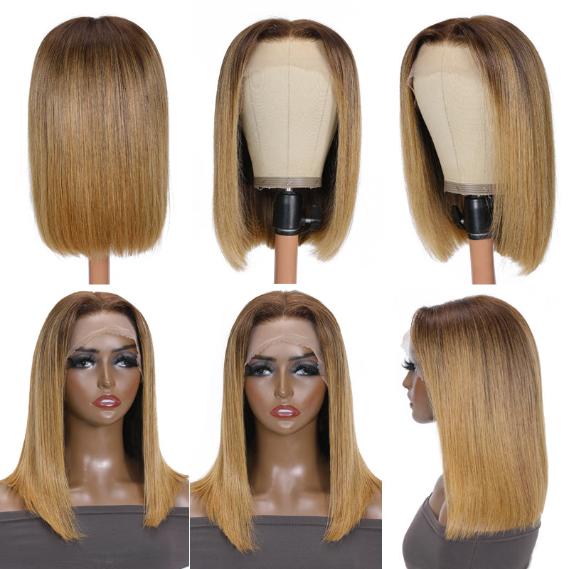 Klaiyi Omber Golden Blonde Color 13x4 Lace Frontal Wig Short Bob with Brown Root