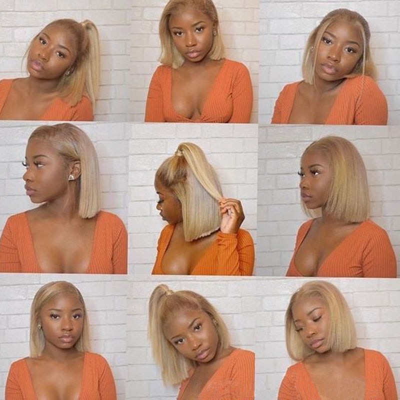 Klaiyi Omber Golden Blonde Color 13x4 Lace Frontal Wig Short Bob with Brown Root