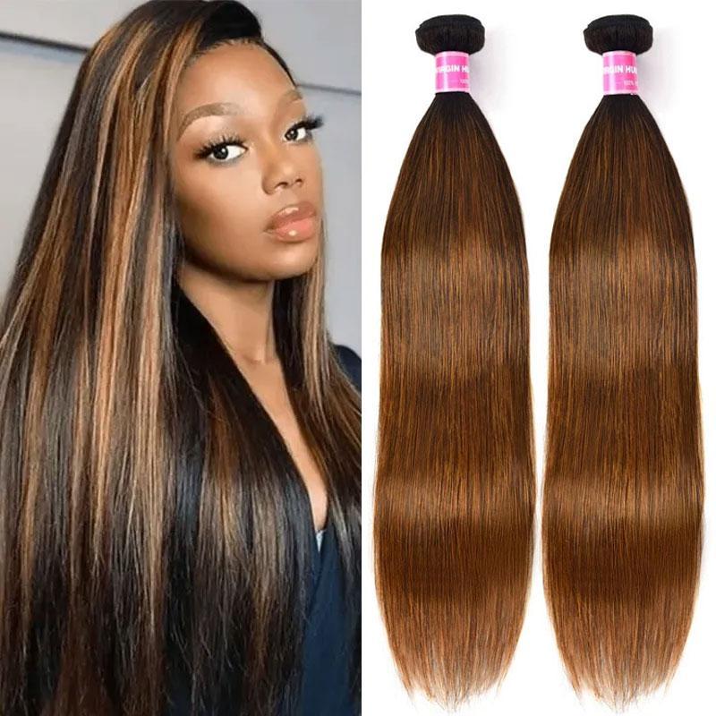 Klaiyi Ombre Balayage Highlights Lace Closure with 3 Bundles Bone Straight Virgin Human Hair Weave with Closure Free Part