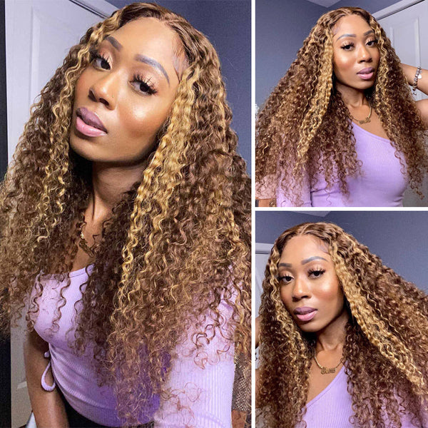 Klaiyi Ombre Hair Lace Closure Wig Pre Plucked Jerry Curl Honey Blonde Highlight Lace Front Wigs Natural Density Series