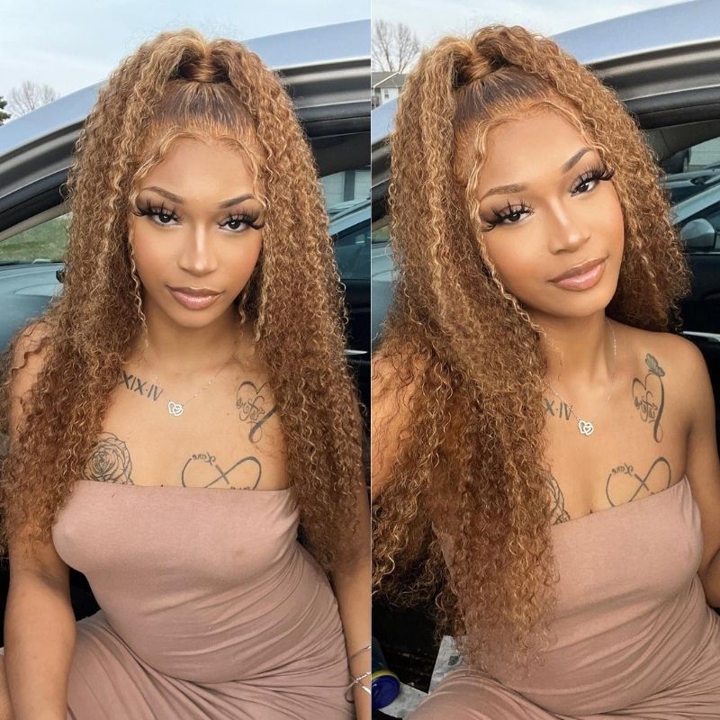 Klaiyi Ombre Hair Lace Closure Wig Pre Plucked Jerry Curl Honey Blonde Highlight Lace Front Wigs Natural Density Series