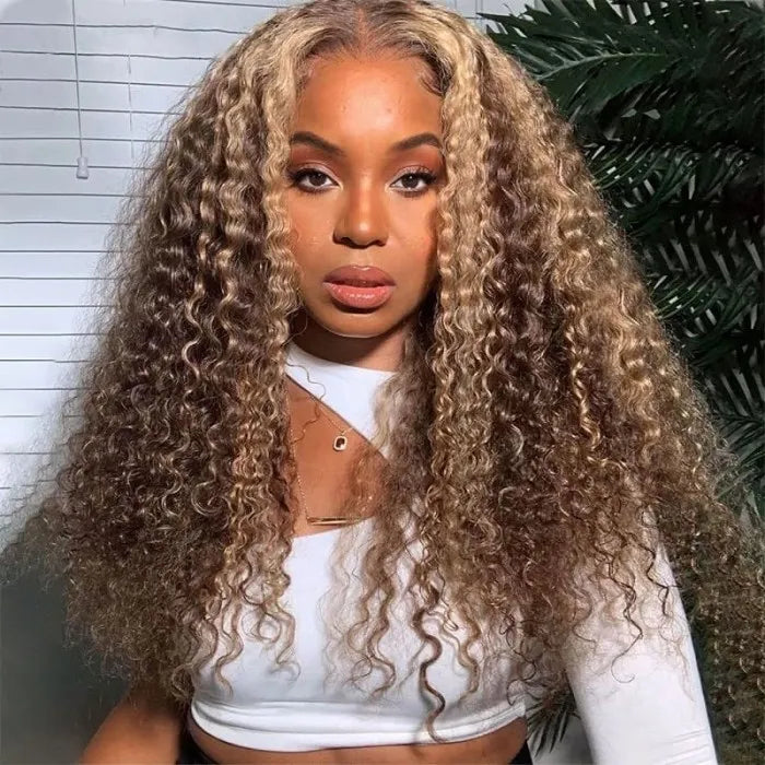 Klaiyi Ombre Hair Lace Closure Wig Pre Plucked Jerry Curl Honey Blonde Highlight Lace Front Wigs Natural Density Series