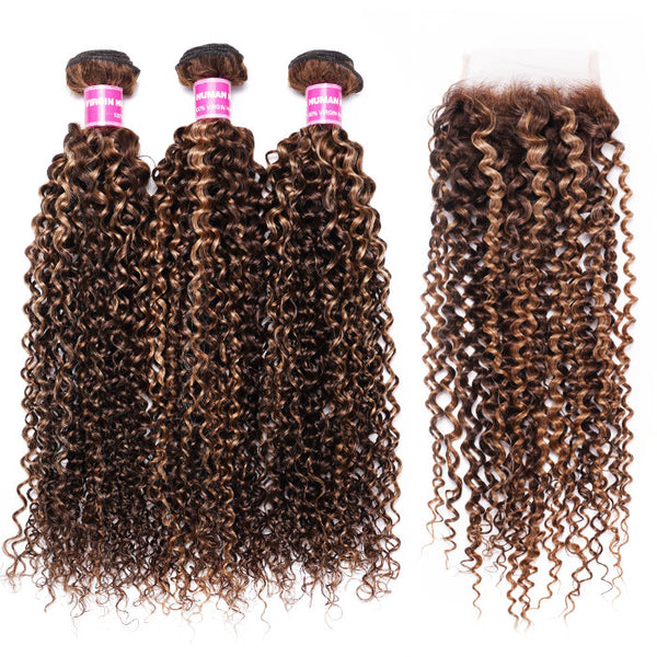 Klaiyi Ombre Highlight Brown Blonde Color Jerry Curl 3 Bundles with Lace Closure Human Hair