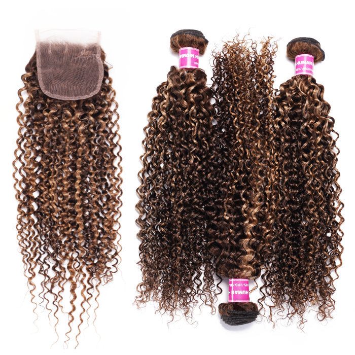 Klaiyi Ombre Highlight Brown Blonde Color Jerry Curl 3 Bundles with Lace Closure Human Hair