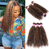 Klaiyi Ombre Highlight Brown Blonde Color Jerry Curl 3 Bundles with Lace Closure Human Hair