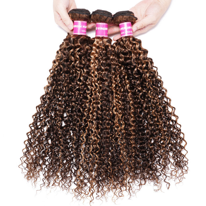 Klaiyi Ombre Highlight Brown Blonde Color Jerry Curl 3 Bundles with Lace Closure Human Hair