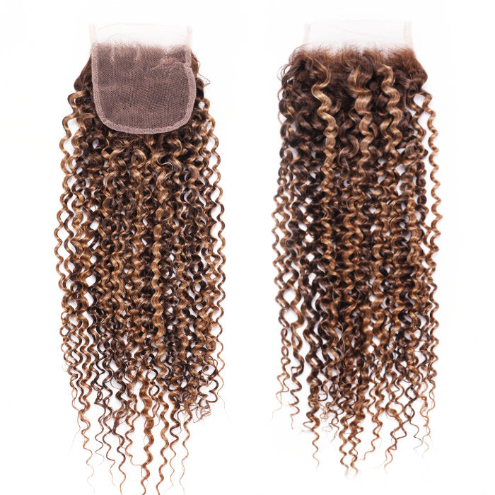 Klaiyi Ombre Highlight Brown Blonde Color Jerry Curl 3 Bundles with Lace Closure Human Hair