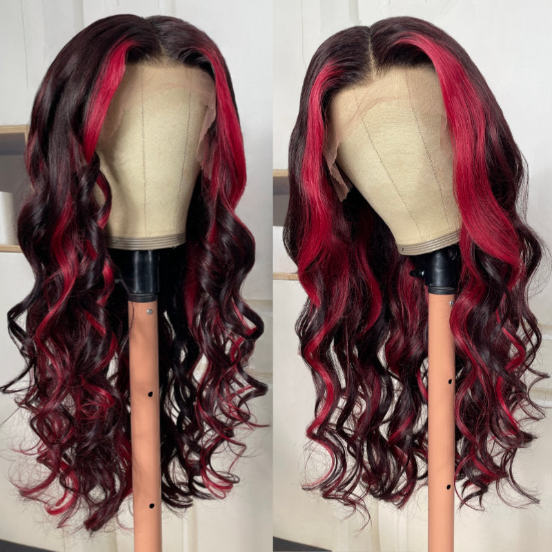 Flash Sale | Klaiyi Ombre Highlight Dark Burgundy with Rose Red 13x4 Lace Frontal Wig Loose Wave