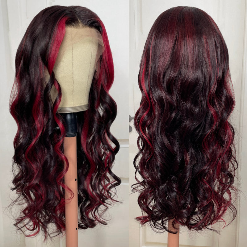 All Length $119 Deals|Klaiyi Ombre Highlight Dark Burgundy with Rose Red 13x4 Lace Frontal Wig Body Wave Wig Flash Sale