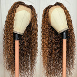 Klaiyi Ombre Highlight Piano Color Lace Front Wig Brown Golden Human Hair Water Wave
