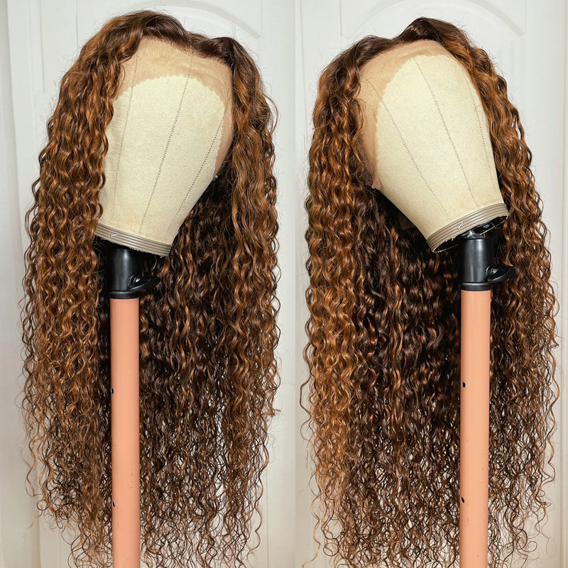 Klaiyi Ombre Highlight Piano Color Lace Front Wig Brown Golden Human Hair Water Wave