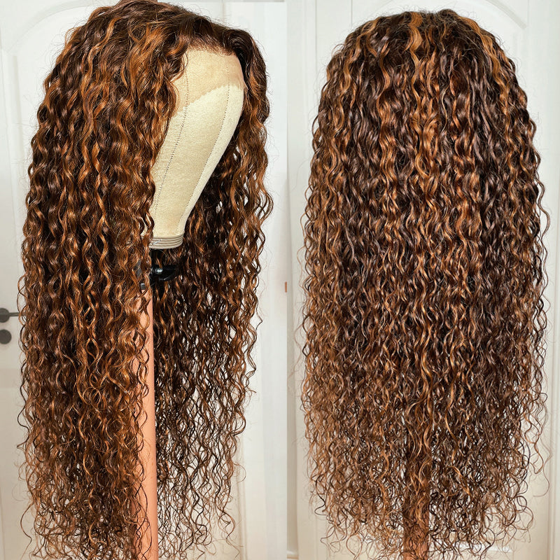 Klaiyi Ombre Highlight Piano Color Lace Front Wig Brown Golden Human Hair Water Wave