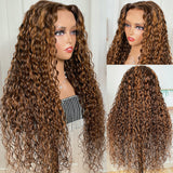 Klaiyi Ombre Highlight Piano Color Lace Front Wig Brown Golden Human Hair Water Wave