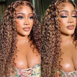 Klaiyi Ombre Highlight Piano Color Lace Part Wig Brown Golden Human Hair Water Wave