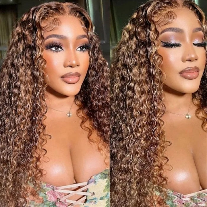 Klaiyi Ombre Highlight Piano Color Lace Part Wig Brown Golden Human Hair Water Wave