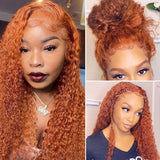 Klaiyi Ginger Color Lace Part Wig Jerry Curly Orange Precolored Human Hair Wigs Natural Density Series