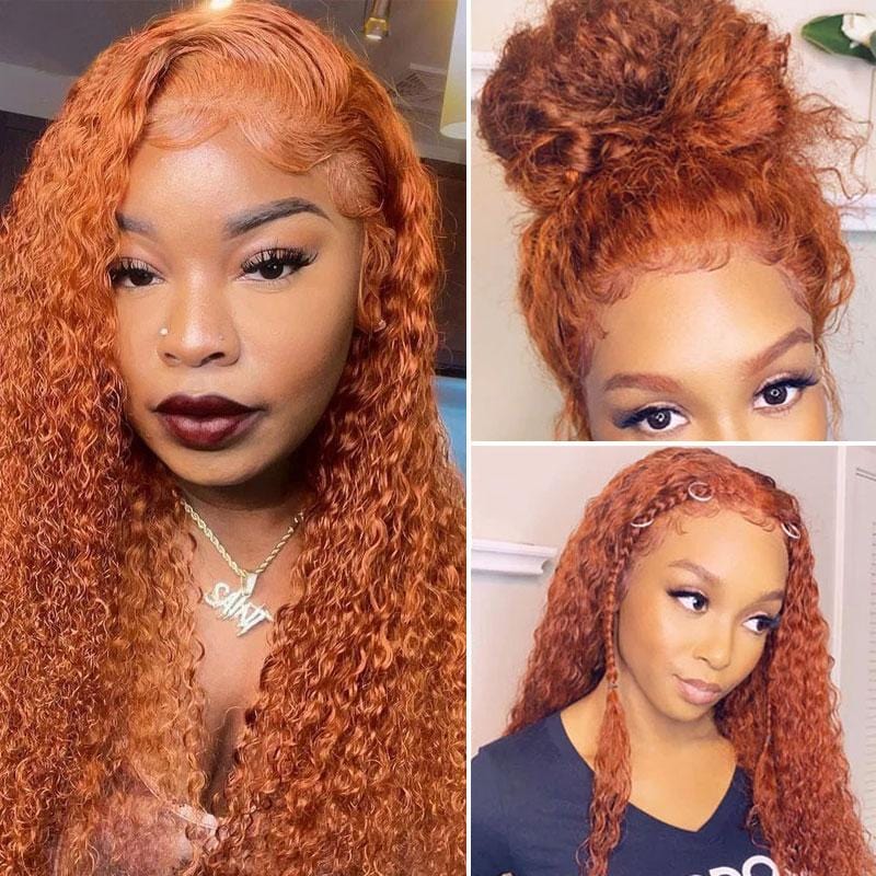 Klaiyi Ginger Color Lace Part Wig Jerry Curly Orange Precolored Human Hair Wigs Natural Density Series