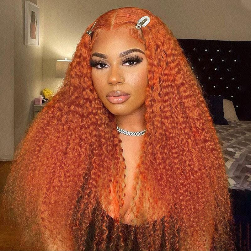 1-3 B-Days Delivery | Klaiyi Orange Ginger Colored Wigs Jerry Curly Or Body Wave 180% Density Lace Part Wig Flash Sale