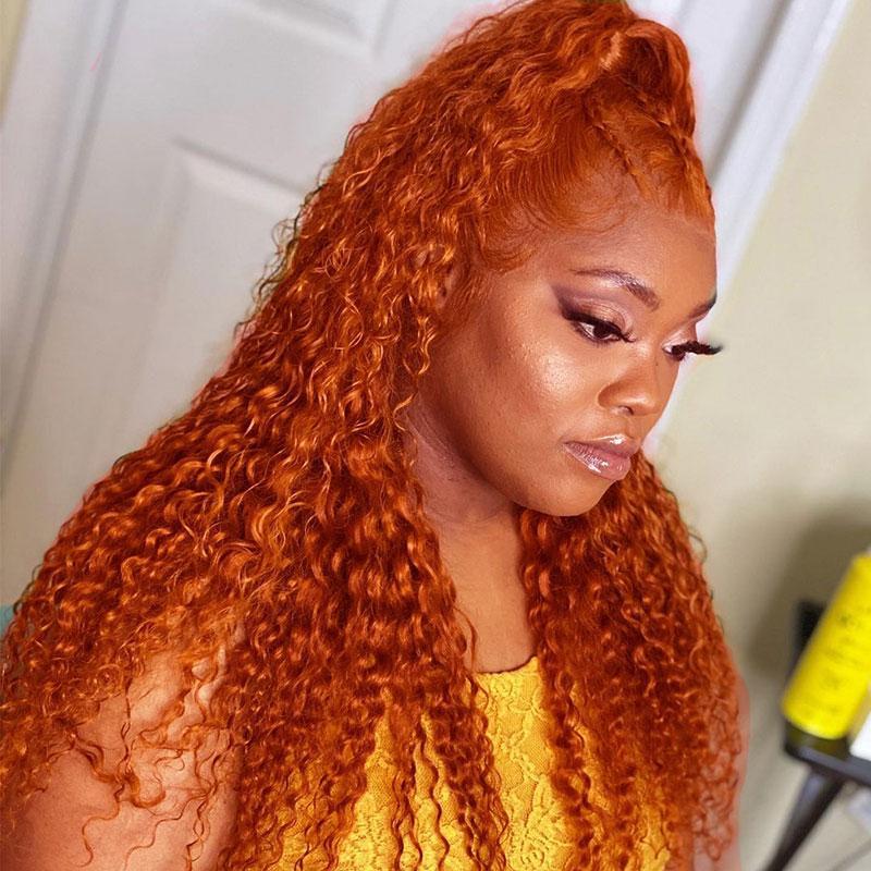 Klaiyi Ginger Color Lace Part Wig Jerry Curly Orange Precolored Human Hair Wigs Natural Density Series
