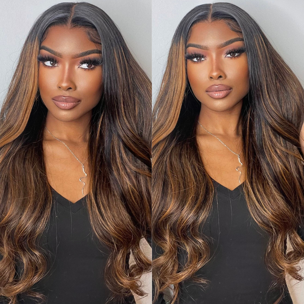 1-3 B-Days Delivery Cleanrance | Klaiyi Lace Front Wig Body Wave Dark Root Brown Balayage Highlight