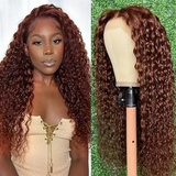 Klaiyi Reddish Brown Body Wave 13x4 Lace Front Wig Human Hair Water Wave Natural Density Auburn Copper Color