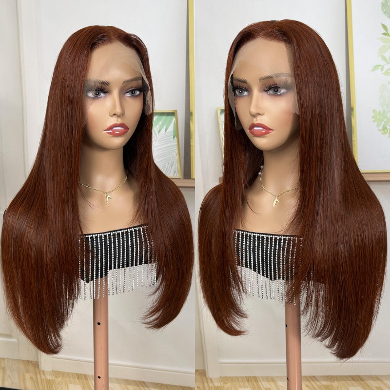 Products Klaiyi Reddish Brown Bone Straight 13x4 Lace Front Wig Human Hair With Layer Inner Buckle Auburn Copper Color