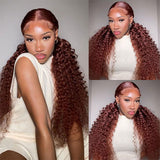 Buy 1 Get 1 60% OFF,Code:OFF60 | Klaiyi Reddish Brown Hair Body Wave Or Jerry Curly  Wigs 13x4 Lace Front Wig