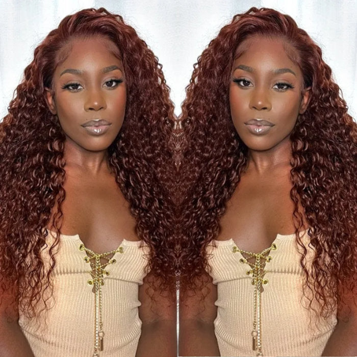 Klaiyi 180% Density Reddish Brown Dark Red Color Deep Wave Lace Front Wig Flash Sale