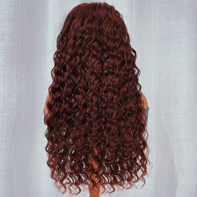 Klaiyi 180% Density Reddish Brown Dark Red Color Deep Wave Lace Front Wig Flash Sale