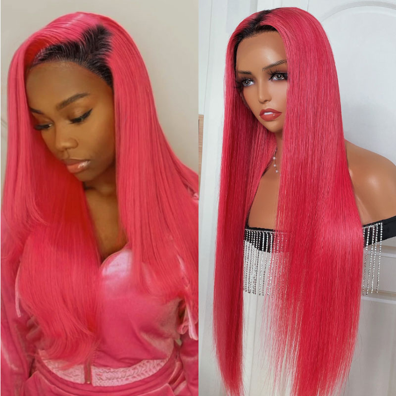 Klaiyi Rose Pink Lace Front Human Hair Wigs with Black Roots 13x4 Lace Front Wig