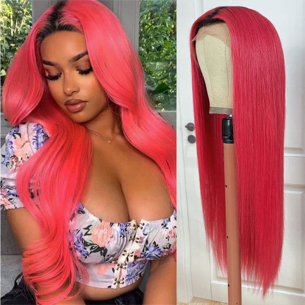 Klaiyi Rose Pink Lace Front Human Hair Wigs with Black Roots 13x4 Lace Front Wig