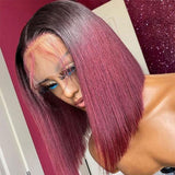 Klaiyi Short Straight Bob Lace Closure Wigs Dark Roots with Ombre Red Color Human Hair Wigs