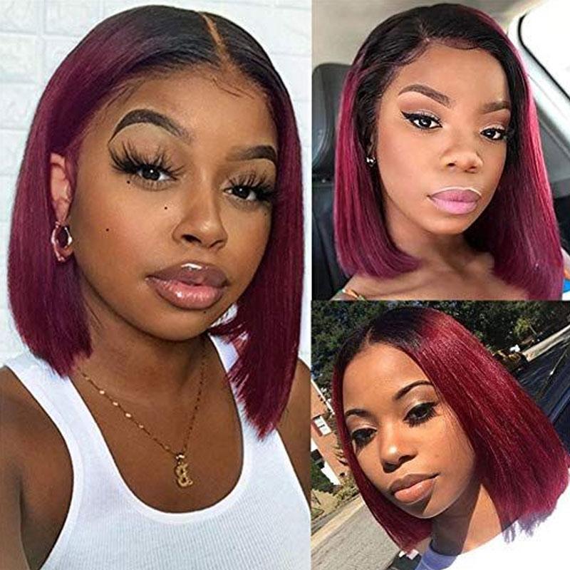 Klaiyi Short Straight Bob Lace Closure Wigs Dark Roots with Ombre Red Color Human Hair Wigs