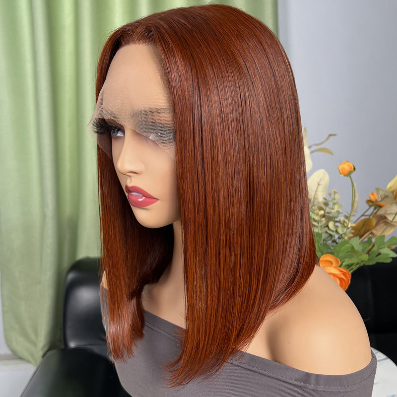 Klaiyi Short Bob Lace Wig Reddish Brown Auburn Copper Human Hair for Women