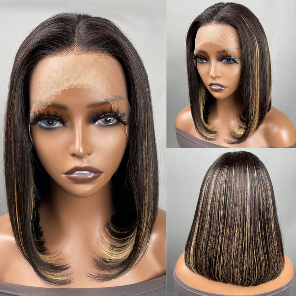 Klaiyi Short Bob Natural Color With Peek A Boo Blonde Highlights 13x4 Lace Front Wig Flash Sale