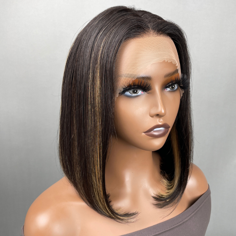 Klaiyi Short Bob Natural Color With Peek A Boo Blonde Highlights Lace Front Wig Flash Sale