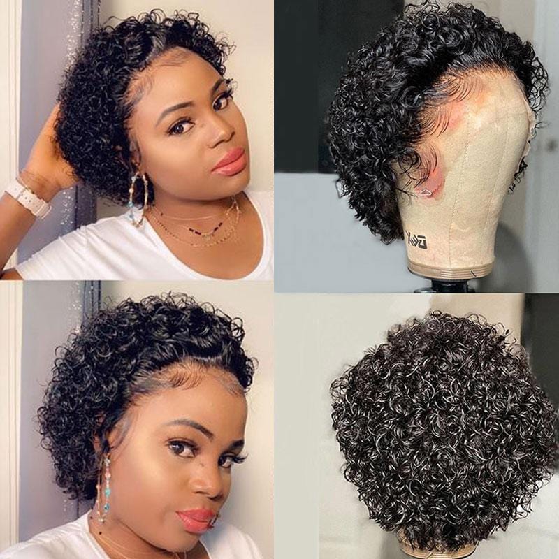 Klaiyi Short Pixie Cut Lace Front Bob Wigs Virgin Human Hair Water Curly Hair Wigs