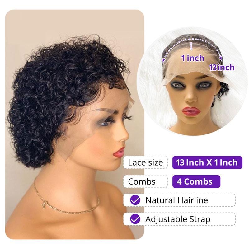 Klaiyi Short Pixie Cut Lace Front Bob Wigs Virgin Human Hair Water Curly Hair Wigs