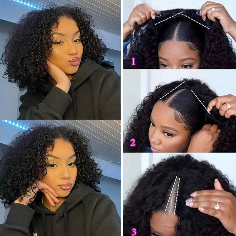 Klaiyi Short Bob V Part Wig Jerry Curly Glueless Wigs Meets Real Scalp No Leave Out Beginner Friendly