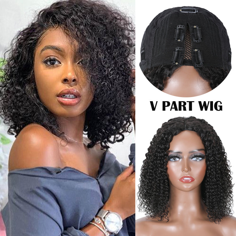 Klaiyi Short Bob V Part Wig Jerry Curly Glueless Wigs Meets Real Scalp No Leave Out Beginner Friendly